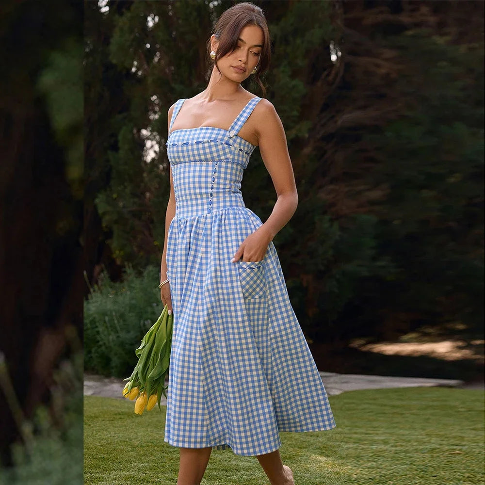 Beautiful Dress Spaghetti Strap Long Plaid Dress with Pocket Dress