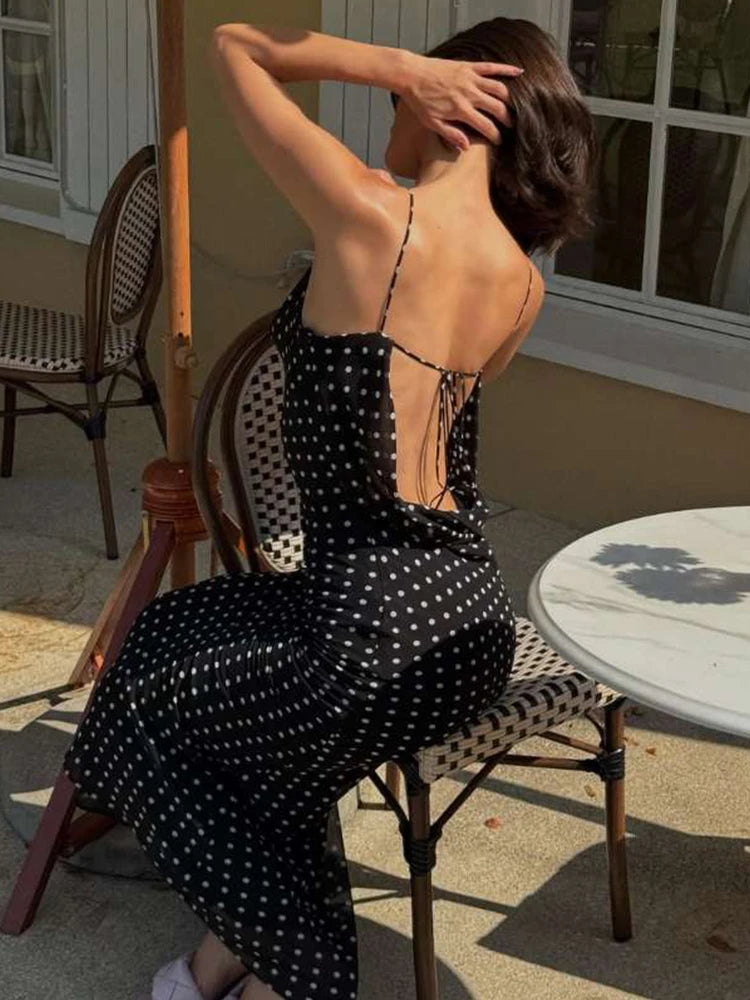 Polka Dot Print Dress Mesh Double Deck Backless V-Neck Street Skinny
