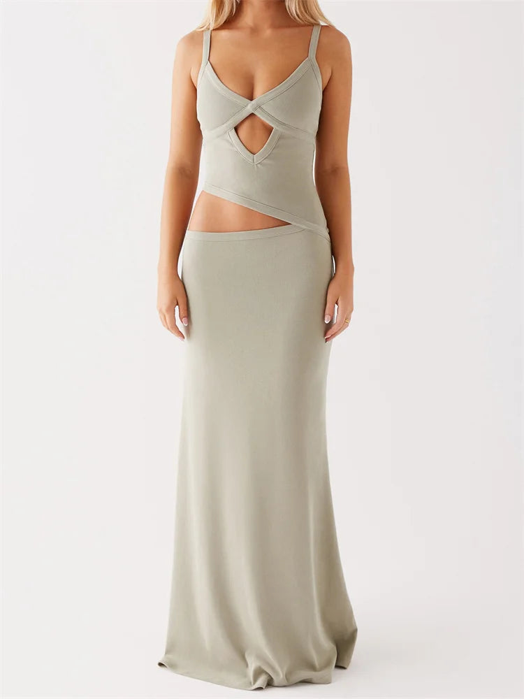 Dress Sleeveless Strap V-neck Backless Waist Front Hollow Out Dress Cocktail