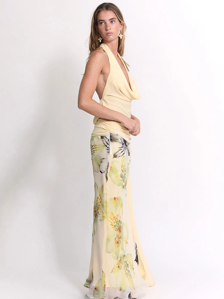 3 Piece Set Stack Halter Top Split Tassel Tassel Flowers Mesh Skirts Matching