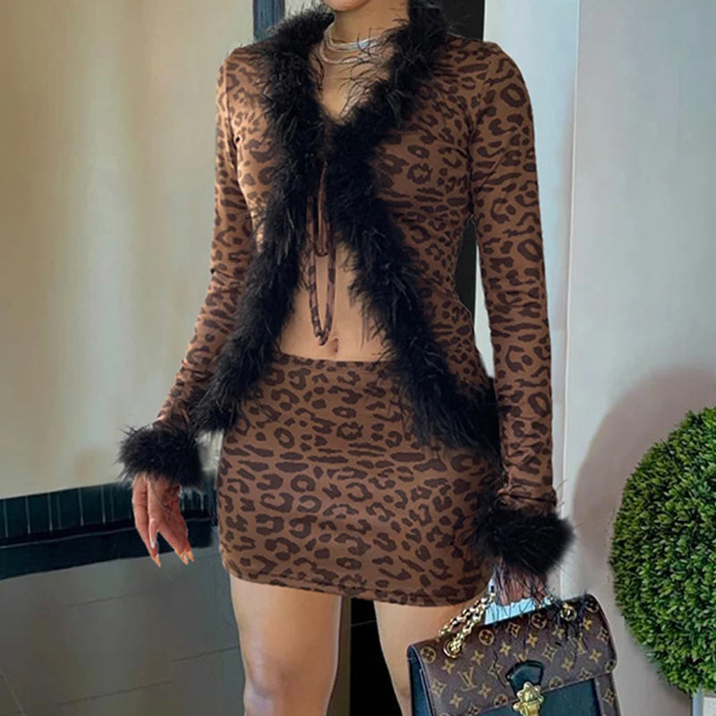 Leopard Print Two Pieces of Sets 's Lace-up Coats and Mini Skirts Long Sleeved