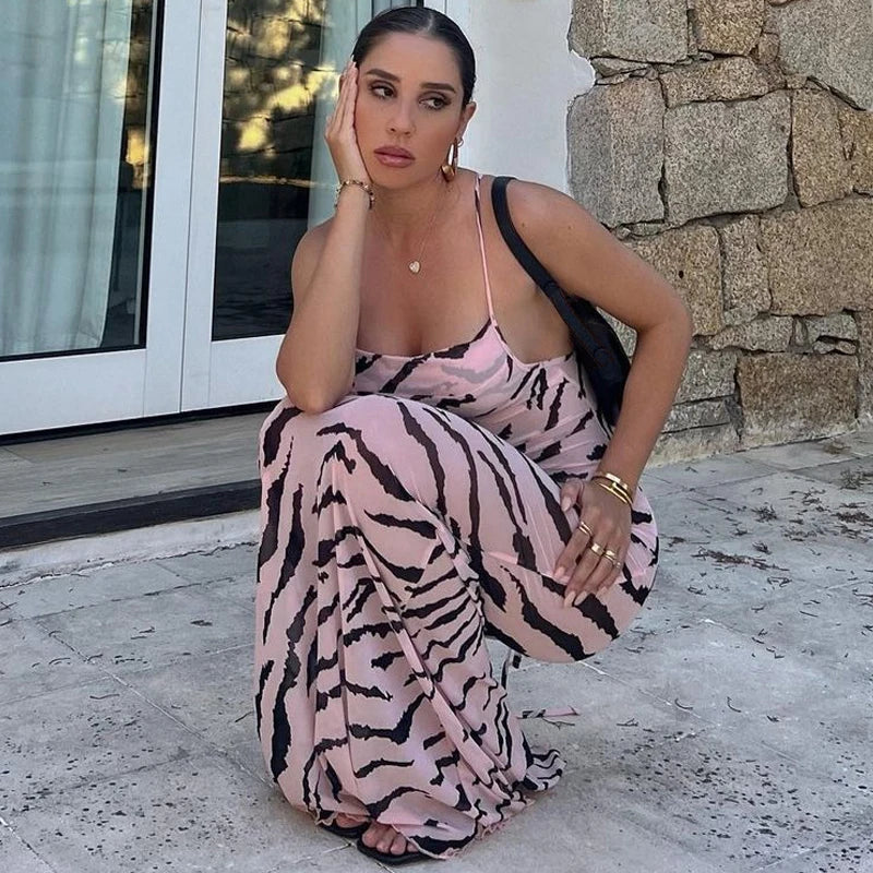 Mesh Zebra Backless Lace Up See Through Maxi Dress