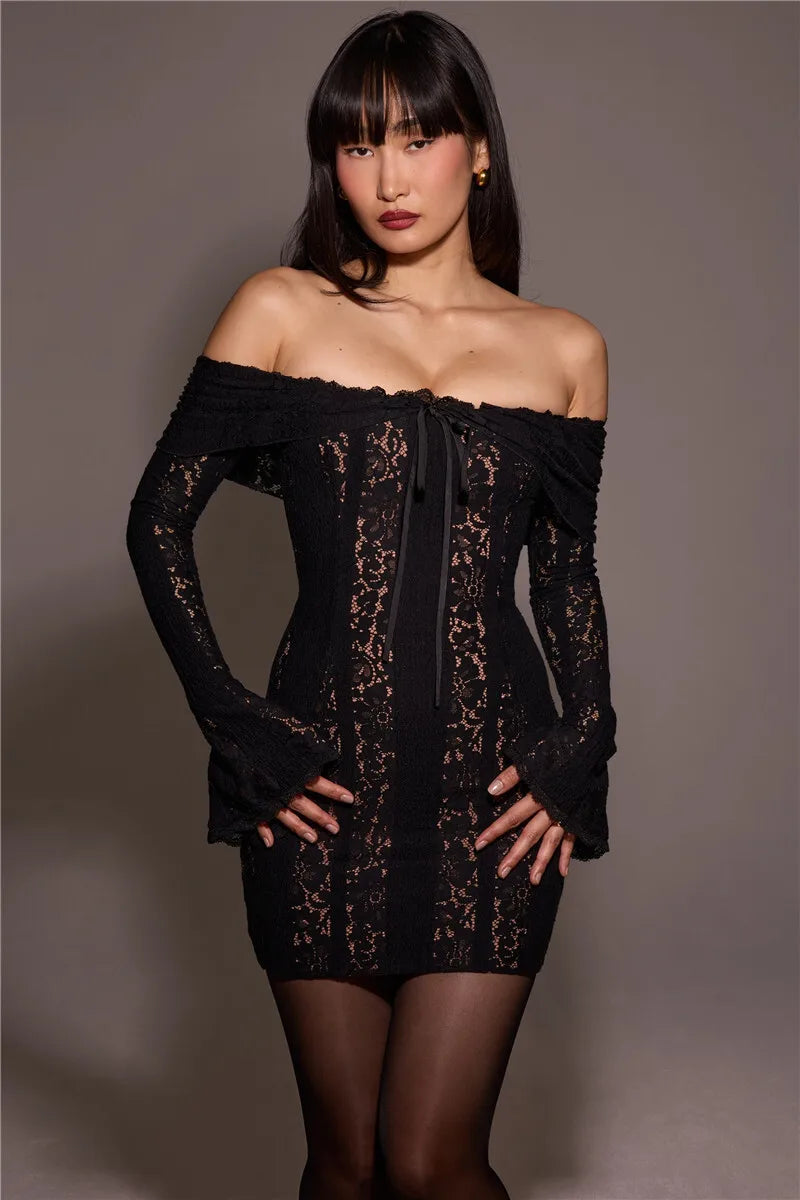 Lace Off-shoulder Maxi Dress Strapless Backless Long Sleeve Bodycon Evening Long Dress
