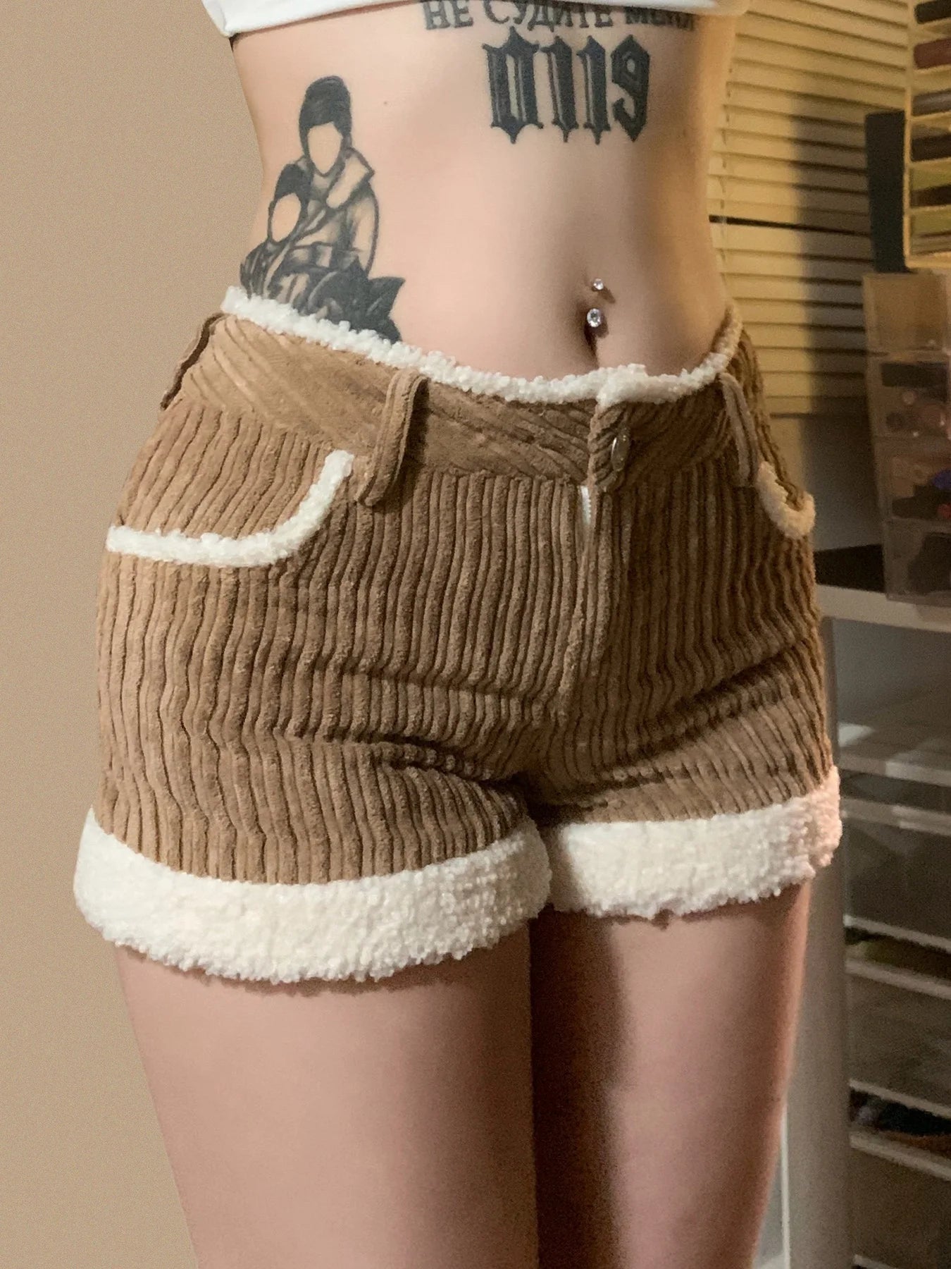Retro Corduroy 's Shorts Knitted s Low Waisted Fur Patchwork Shorts