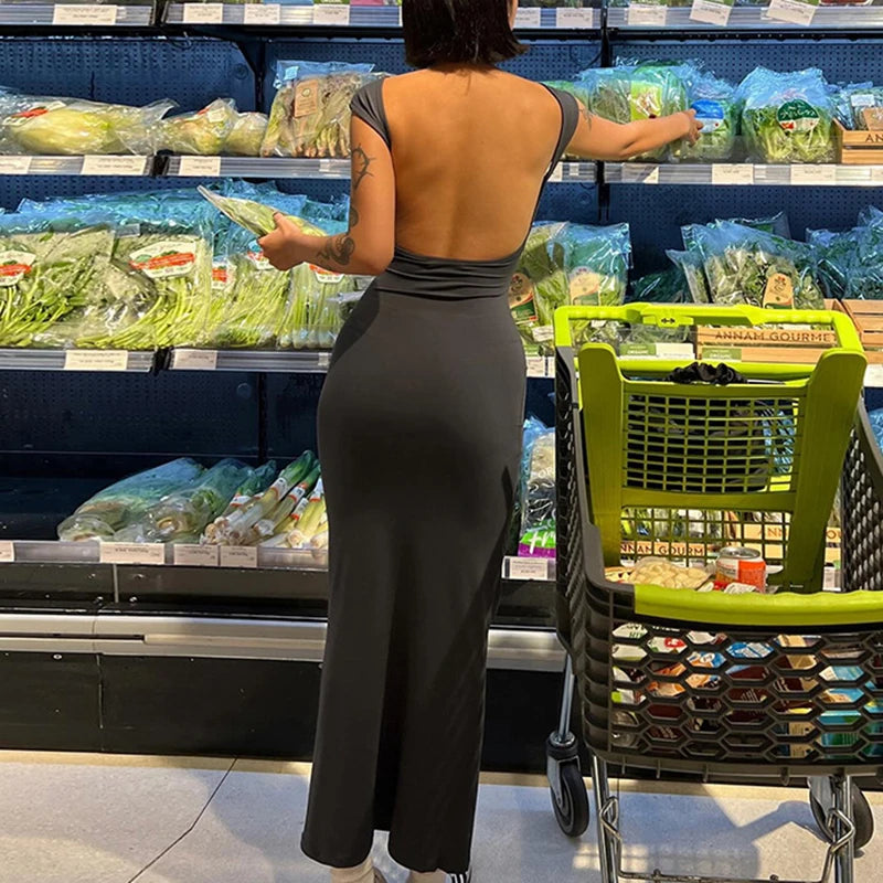 Backless Black Long Dress Slim 's Pullover Short Sleeves
