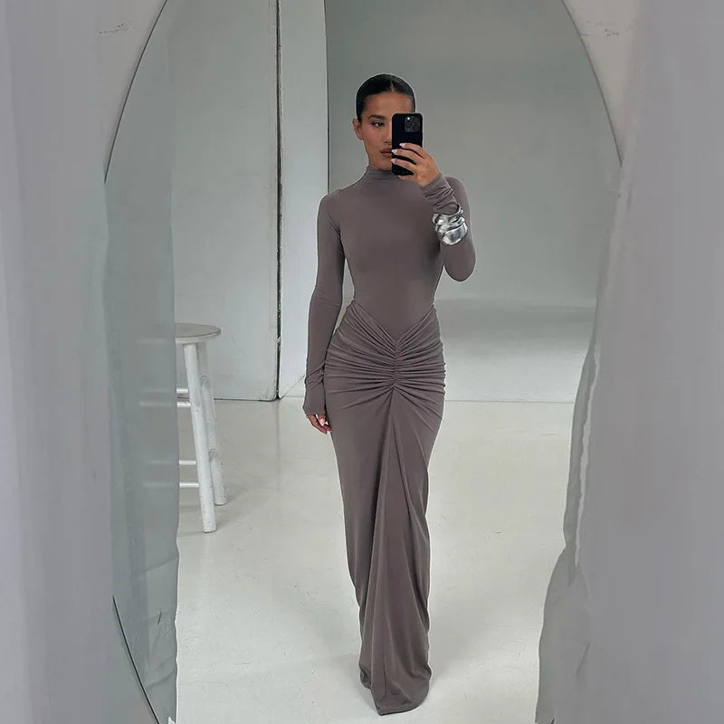 Pleated Patchwork Long Dress High Waist Long Sleeve Solid Slim Dress Maxi Dress