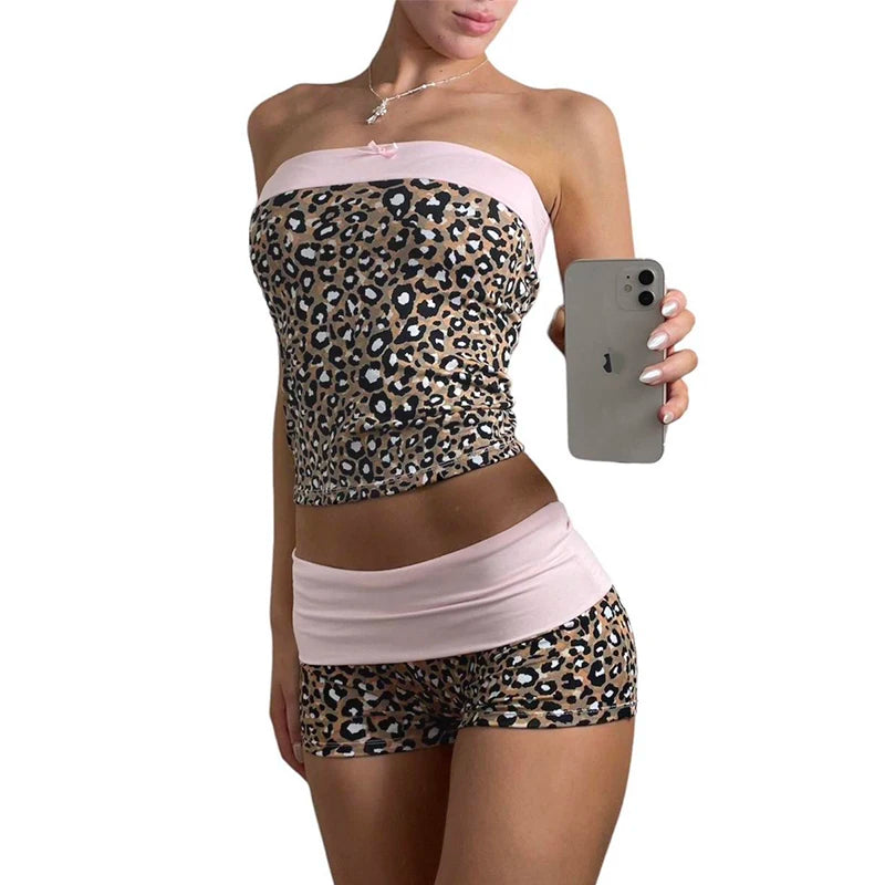 Leopard Patchwork Slim Two Piece of Set Tube Top and Low Wait Short Suit