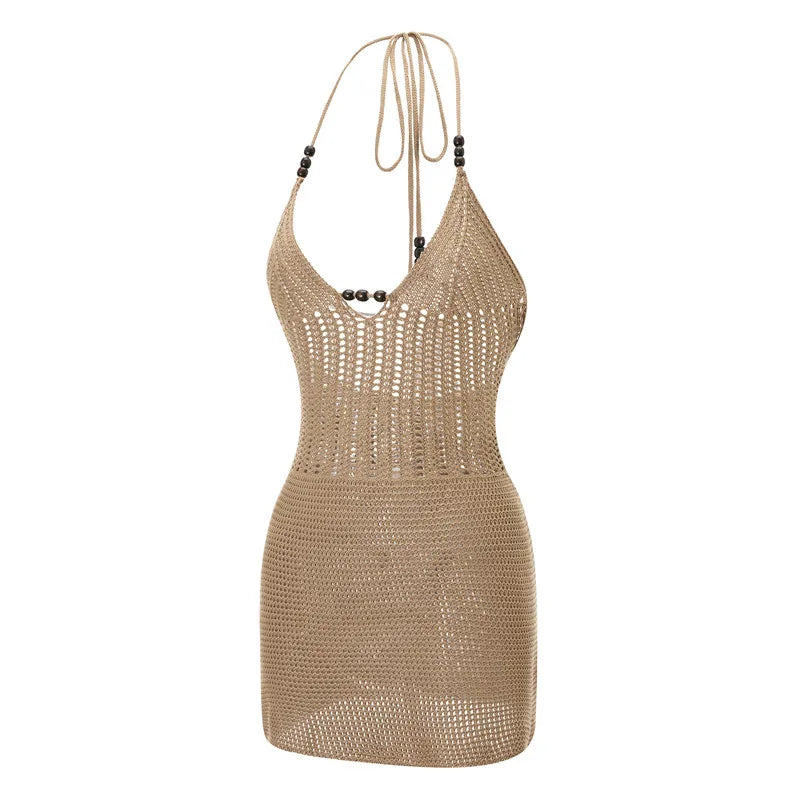 Backless Halter Mini Dress Knit Crochet Cutout Bodycon Dress