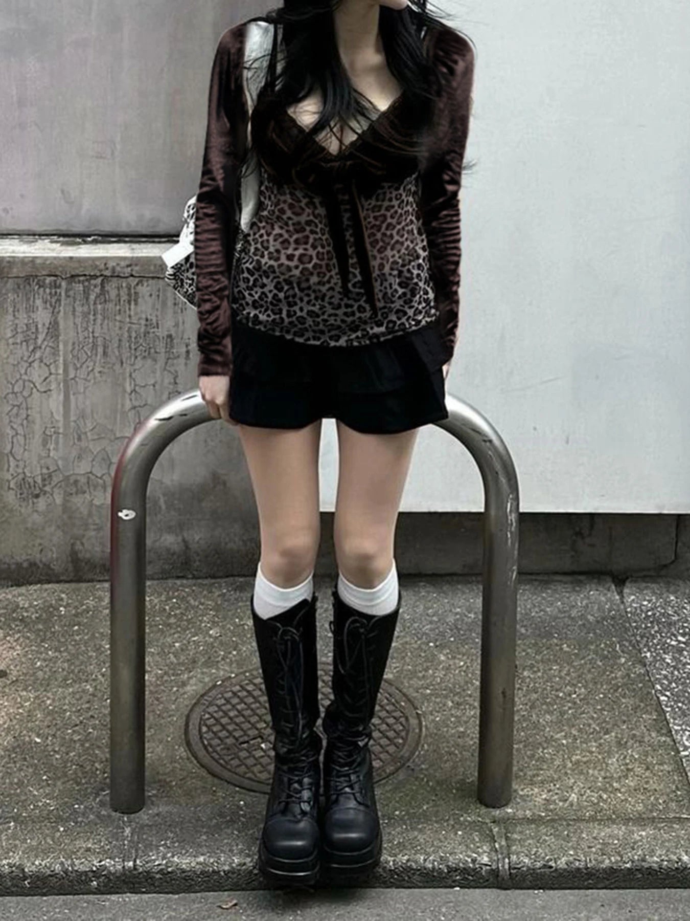 Lace Patchwork Leopard print T-shirts Lace-up Long Sleeves Strap Retro Top
