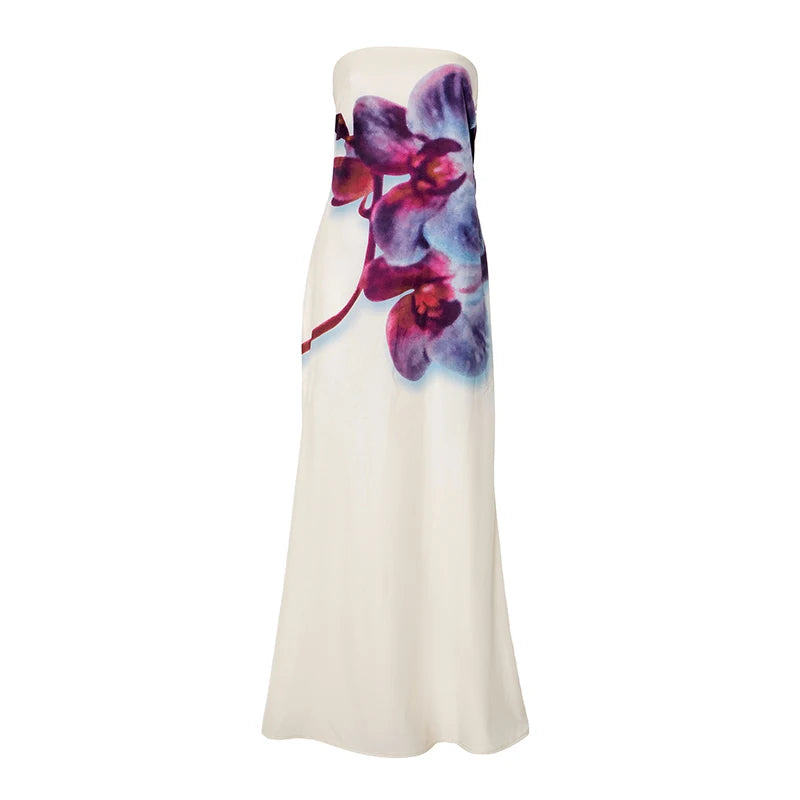 'S Floral Print Long Dress Strapless Sleeveless Backless Slim Dress Long Dress