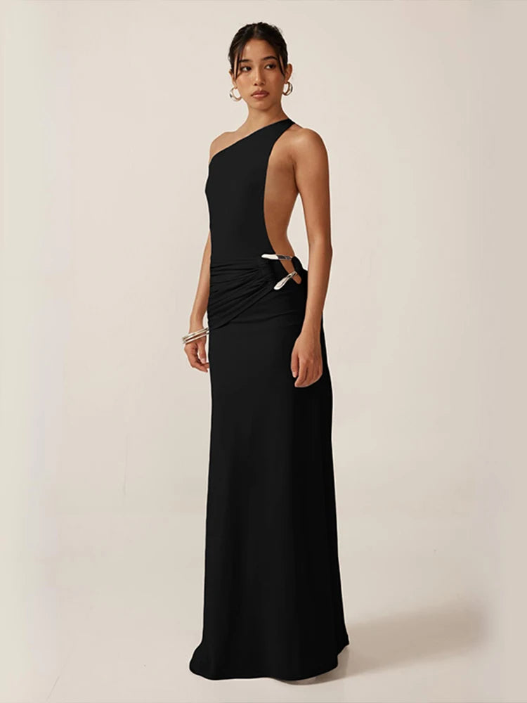Concise Incline Shoulder Ribbons Backless Sheath Maxi