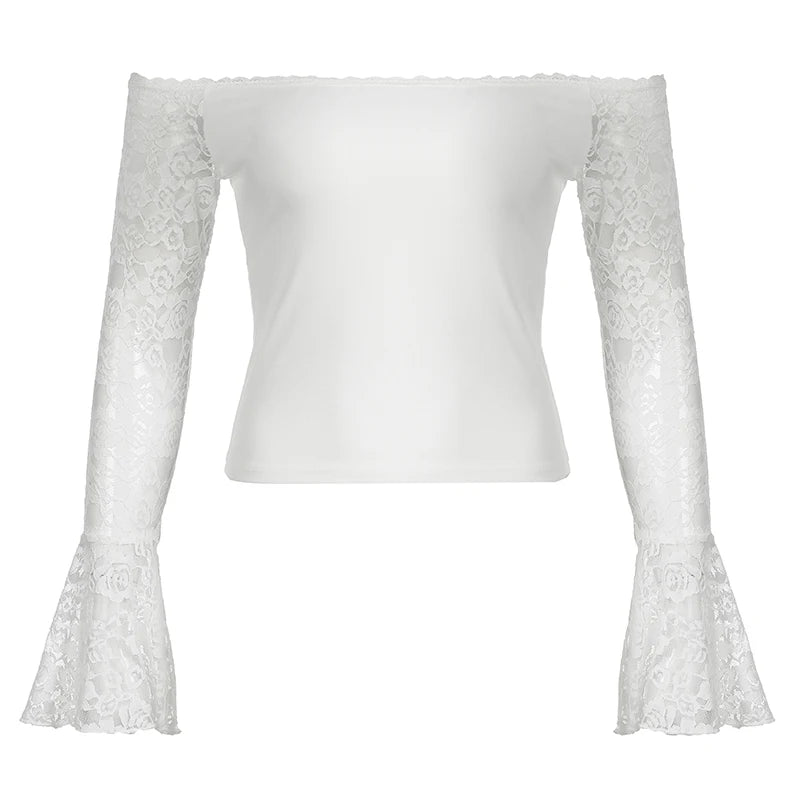 Lace Patckwork Tee Shirt Flare Sleeve Slah Neck Slim Cropp Top