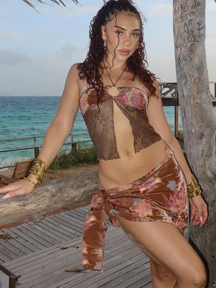 Brown Knit Halter Patchwork Three Piece Set