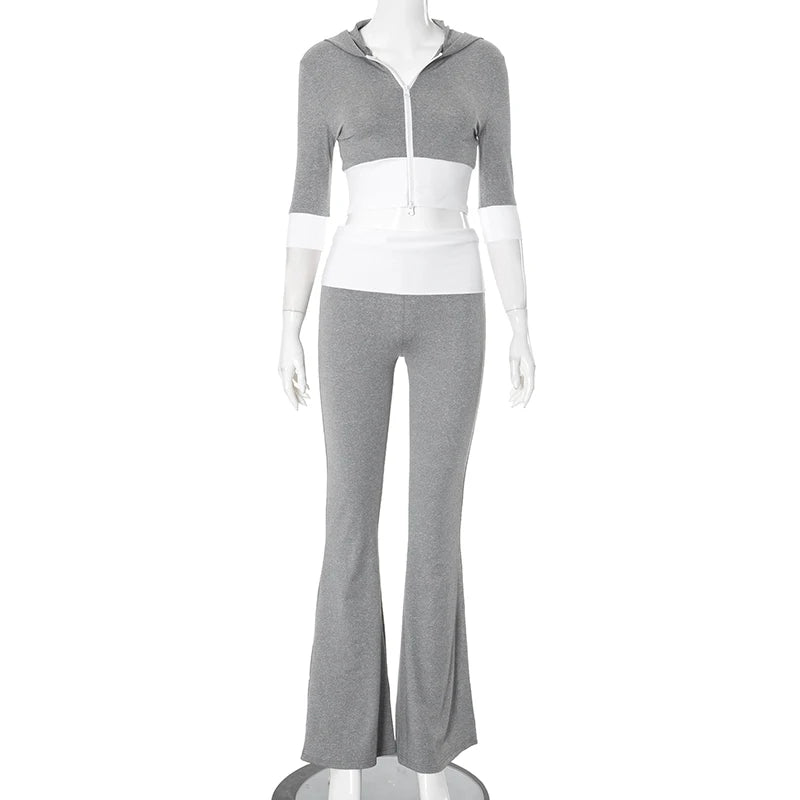 Sport Set Colliion Patchwork Hood Half-Sleev Top Wait Micro-Large Pant Set