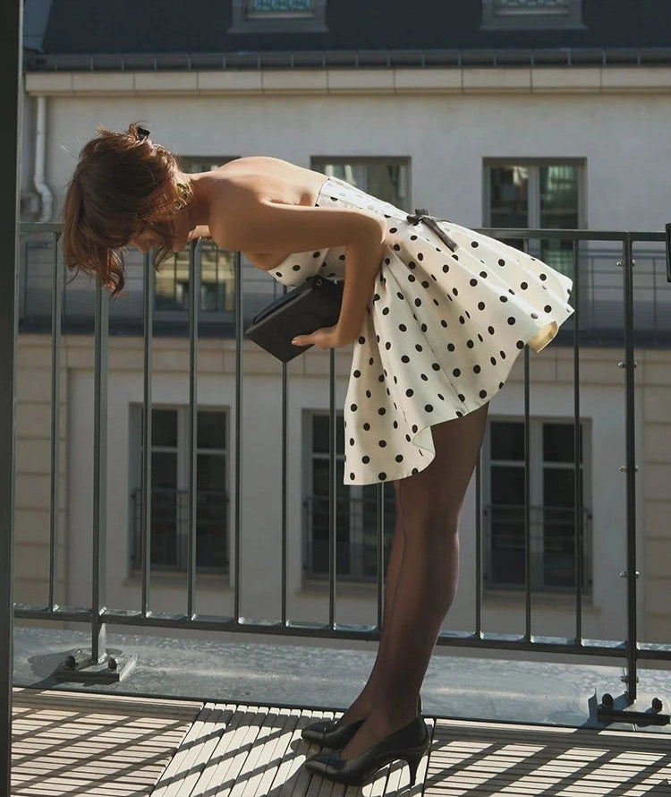 White Polka Dot Backless Mini Dress with Bow