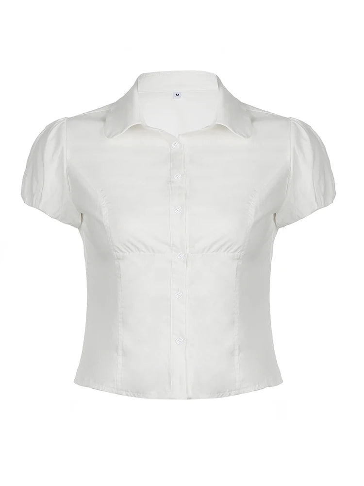 Tee Shirts Turn-down Collar Button Up Corset Blouses Short Sleeves Top