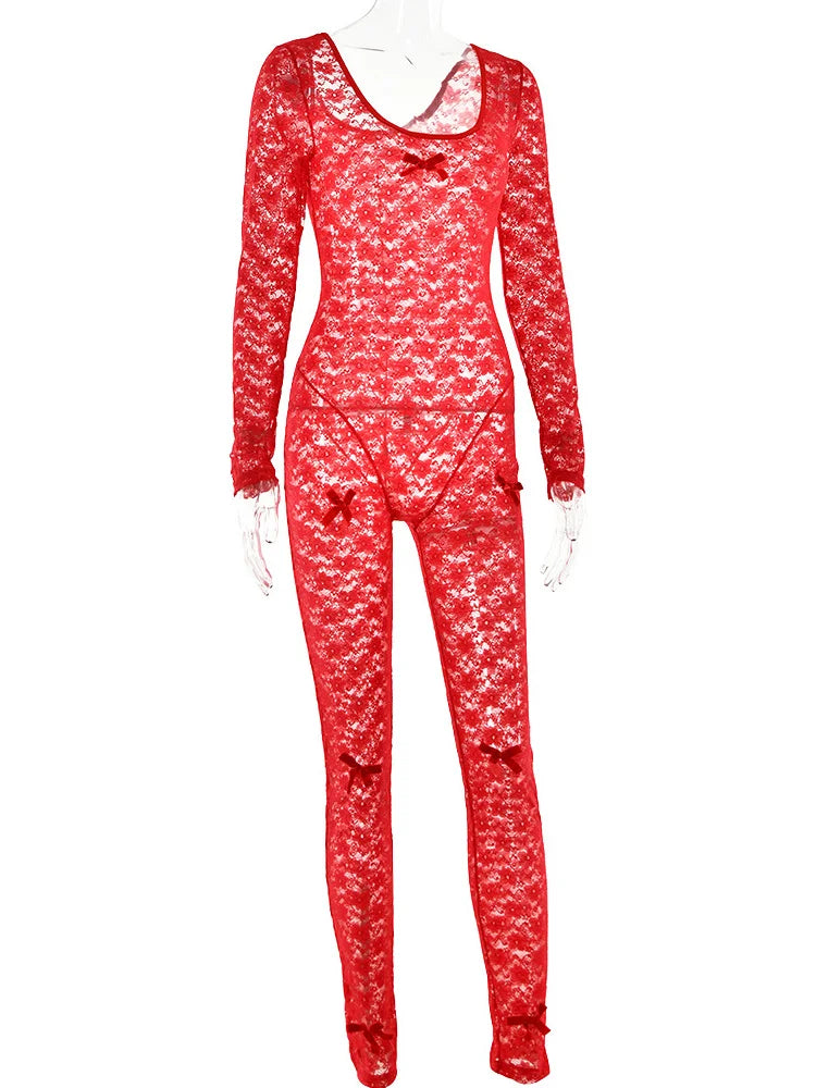 Lace Transparent Thin Solid Jumpsuit Long Sleeve Slim Fit Sheer Night Street Jumpsuit