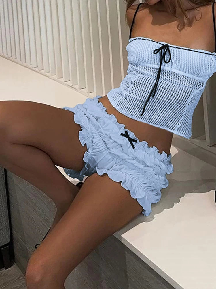 Ruched Two Piece Set See Through Crochet Camisole Shorts Matching Skinny