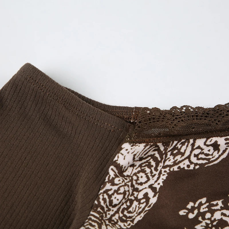Floral Print Slim Top Tees Lace-up Brown ing Patchwork