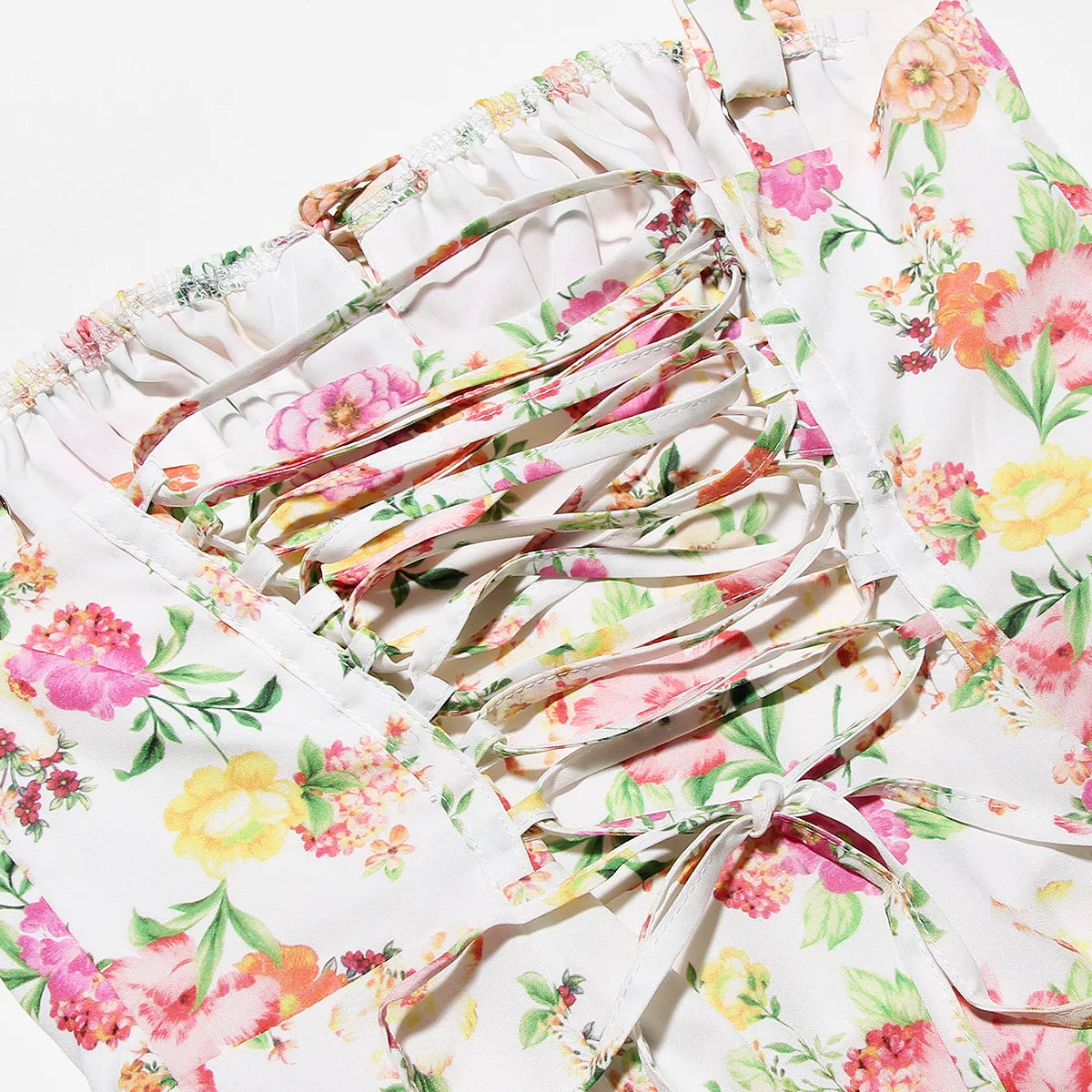 Floral Dress Midi Spaghetti Strap Lace Up Dress A Line