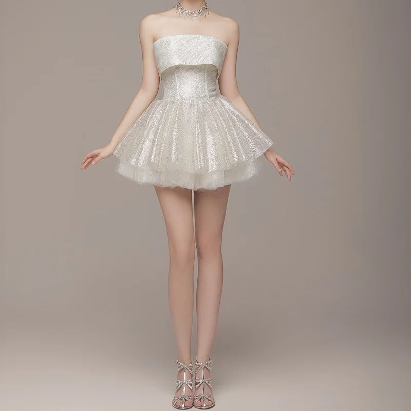 Strapless Shiny Dress White Backless A-line Dress Slim