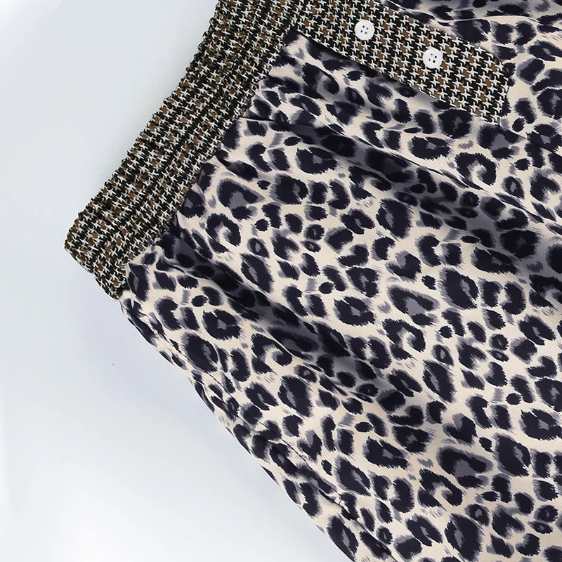 Leopard Patchwork Straight Pant Elatic Wait Trouer Baggy Bottom