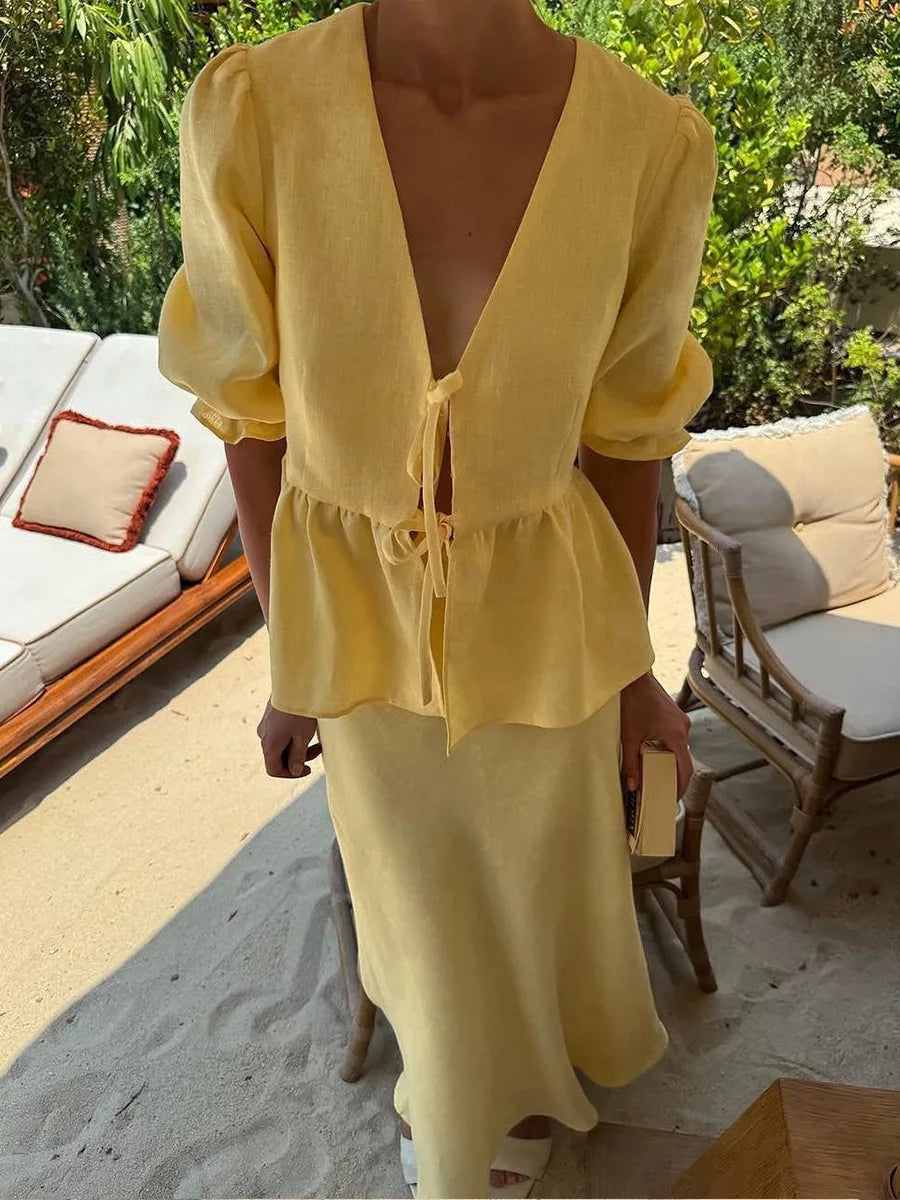 Yellow Cotton Short Sleeve Top and High Waist Midi Skirt Set