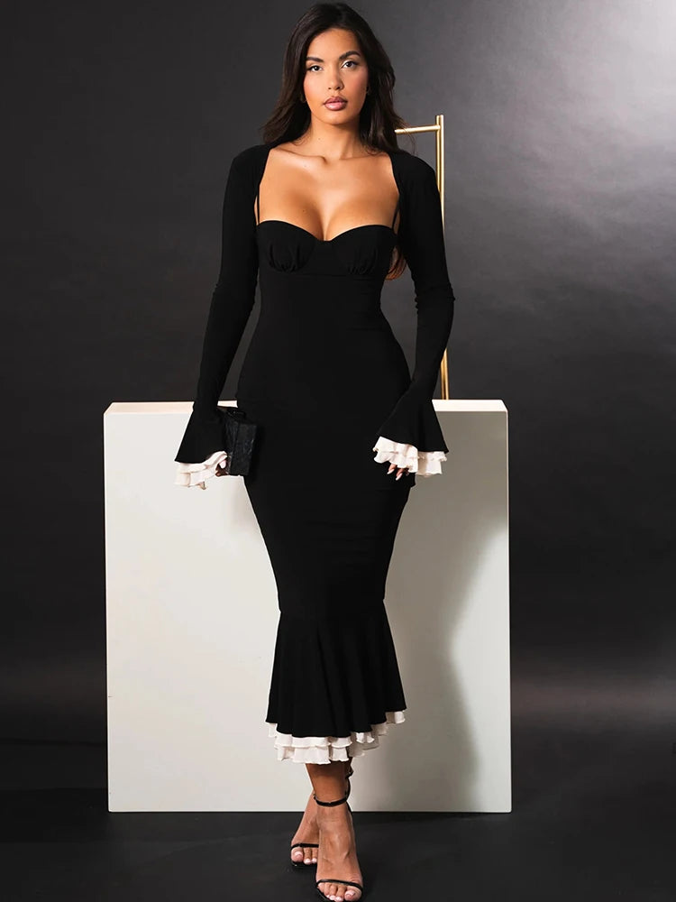 Square Collar Two Piece Sets Mermaid Dress Flare Sleeve Evening Dress