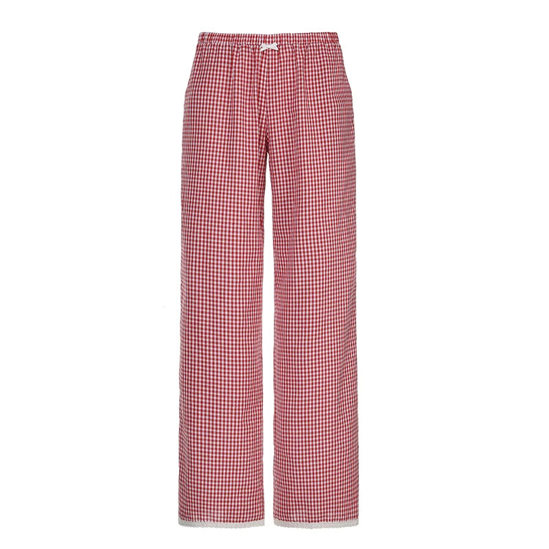 Plaid Straight Pant Lace Patchwork Bow Baggy Trouer Jogger Bottom