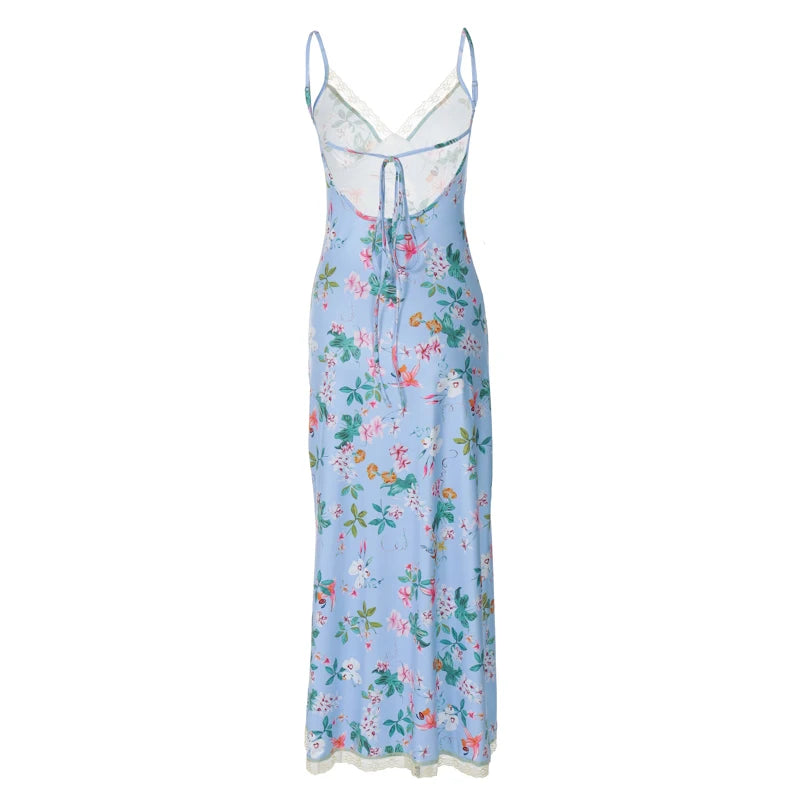 Floral Slips Backless Patchwork Lace Maxi Dress