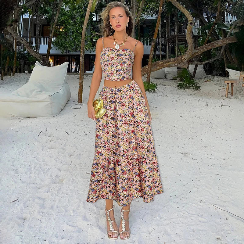 Floral Backless Pleated Two Piece Set