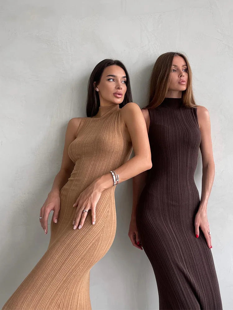 Sleeveless Knit Turtleneck Long Dress Slim Ribbed Knit Dress Maxi Dress