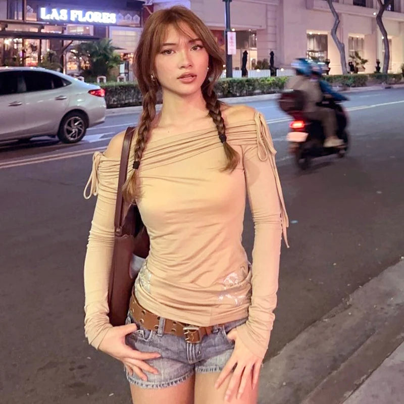 Khaki Off Shoulder Pleated Long Sleeve Top