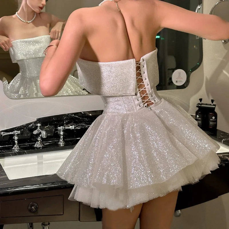Strapless Shiny Dress White Backless A-line Dress Slim
