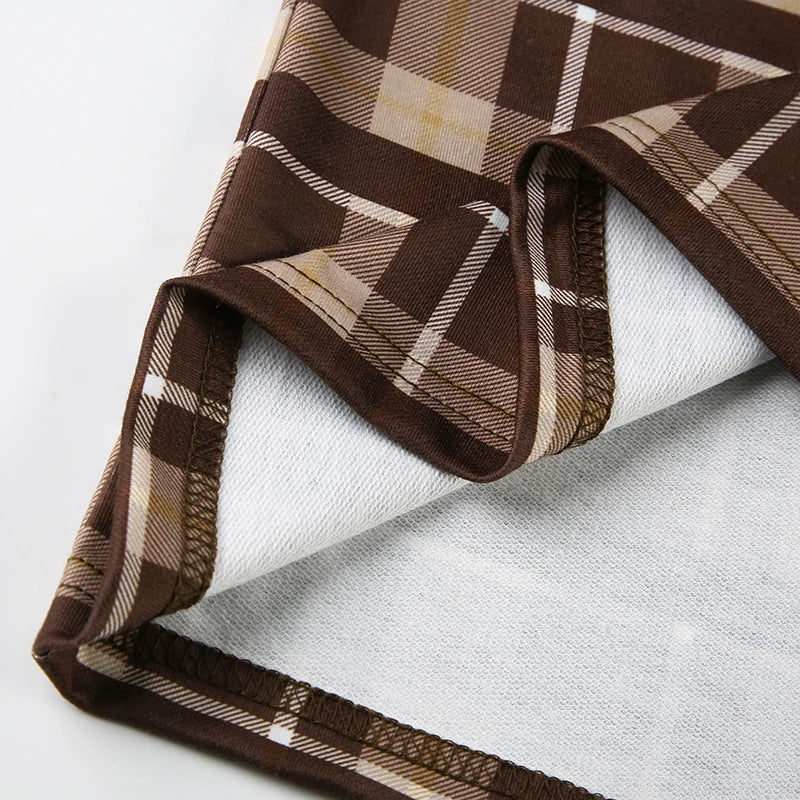 Retro Plaid Pullovers Turn-down Collar Loose Sweatshirts Brown
