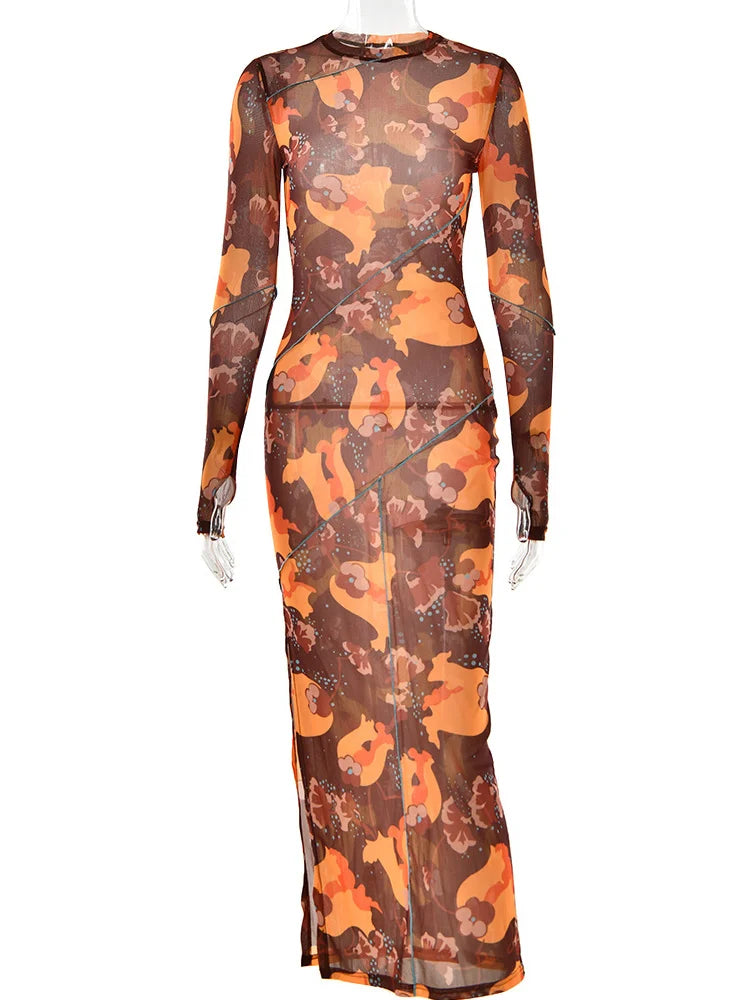 Mesh ed Transparent Pullover High Waist Dress O-Neck Long Sleeve Nightclub Dress
