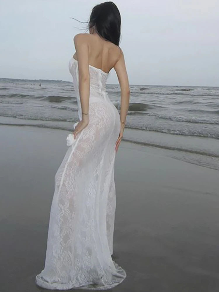 Strapless Transparent Lace Flowers Maxi Dress Backless Evening Dress