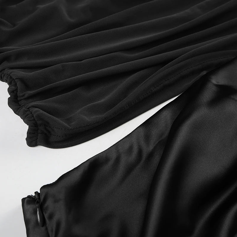 Patchwork Mesh Satin Dress See Through Slim Slash Neck Sleeveless Maxi