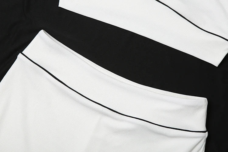Ribbed Two Piece Set Black String Backless Tank Top Side Split Shorts Skirt Matching Suits