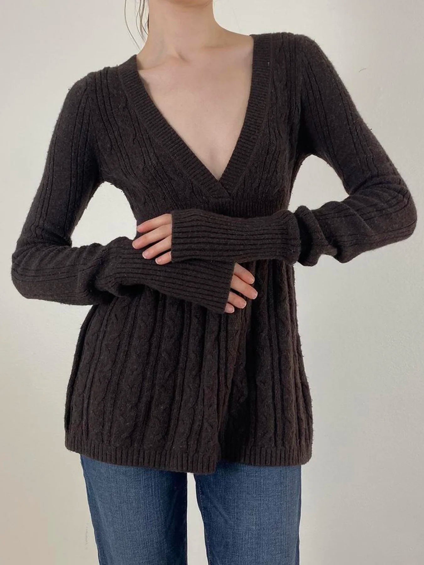 Knitted Sweaters Long Sleeves Slim s Loose Hem Brown Pull Top
