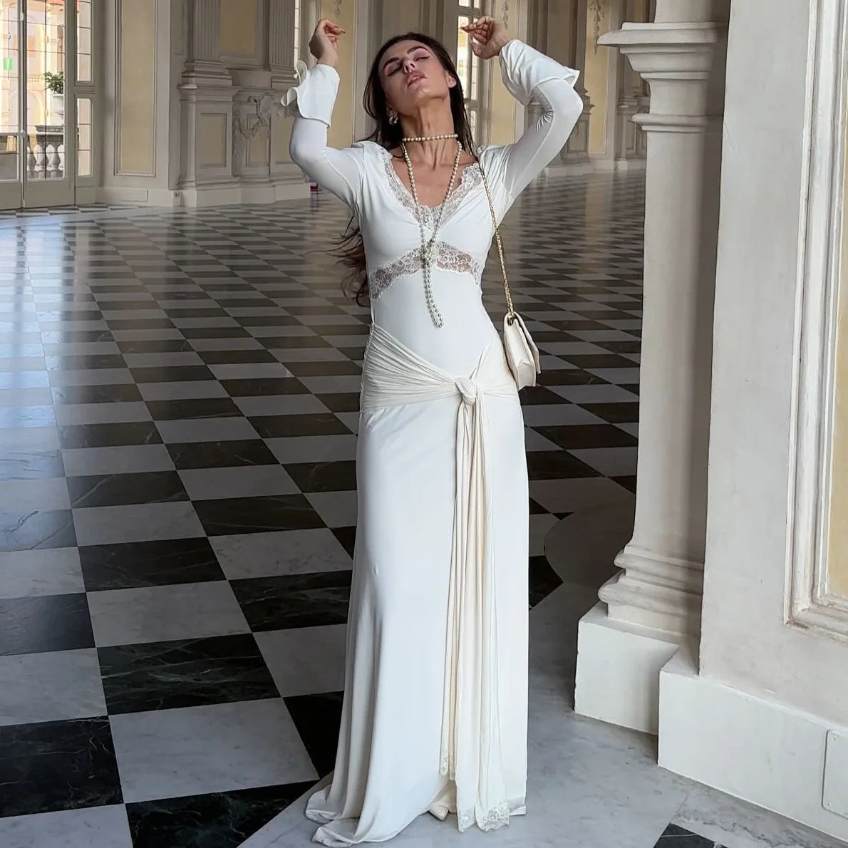 White V-Neck Lace Flare Sleeves Maxi Dress
