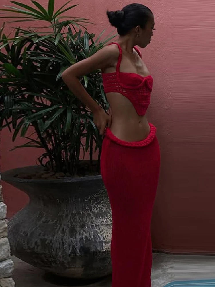Crochet Shirring Two Piece Set Cross Backless Irregular Top Long Skirt Suits