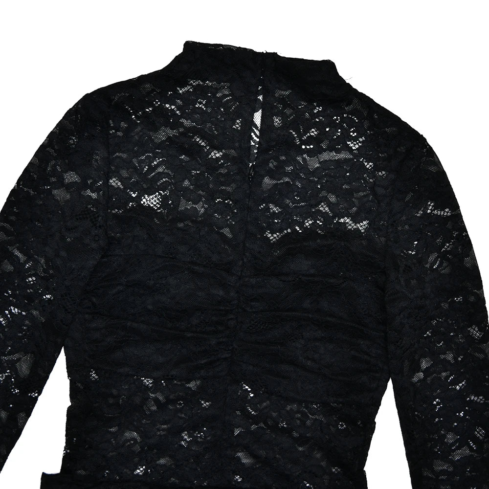 See Through Lace Dress Black Long Sleeve Floral Dress Slim Dresses