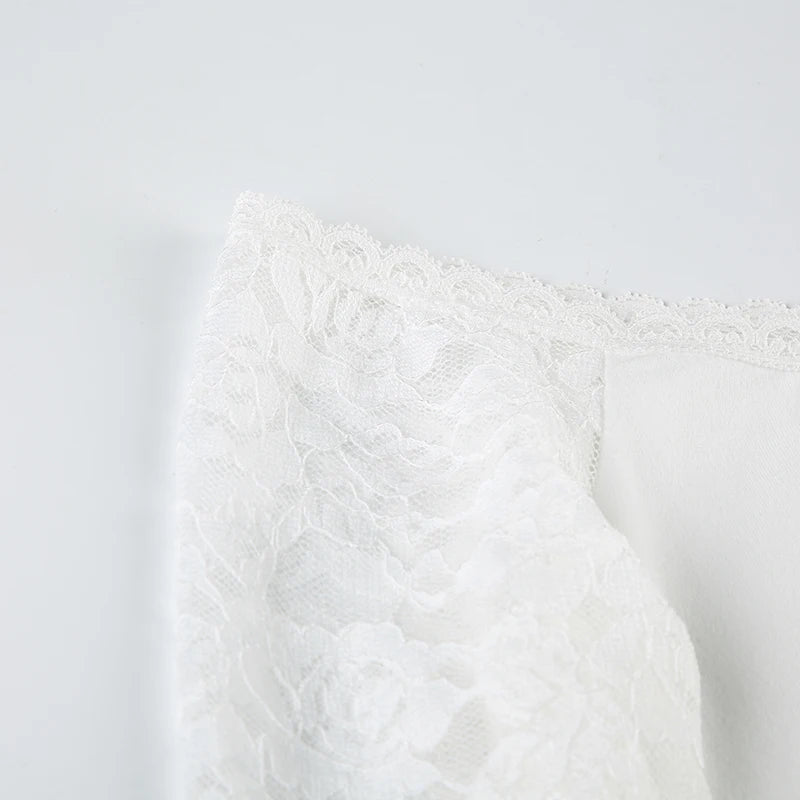 Lace Patckwork Tee Shirt Flare Sleeve Slah Neck Slim Cropp Top