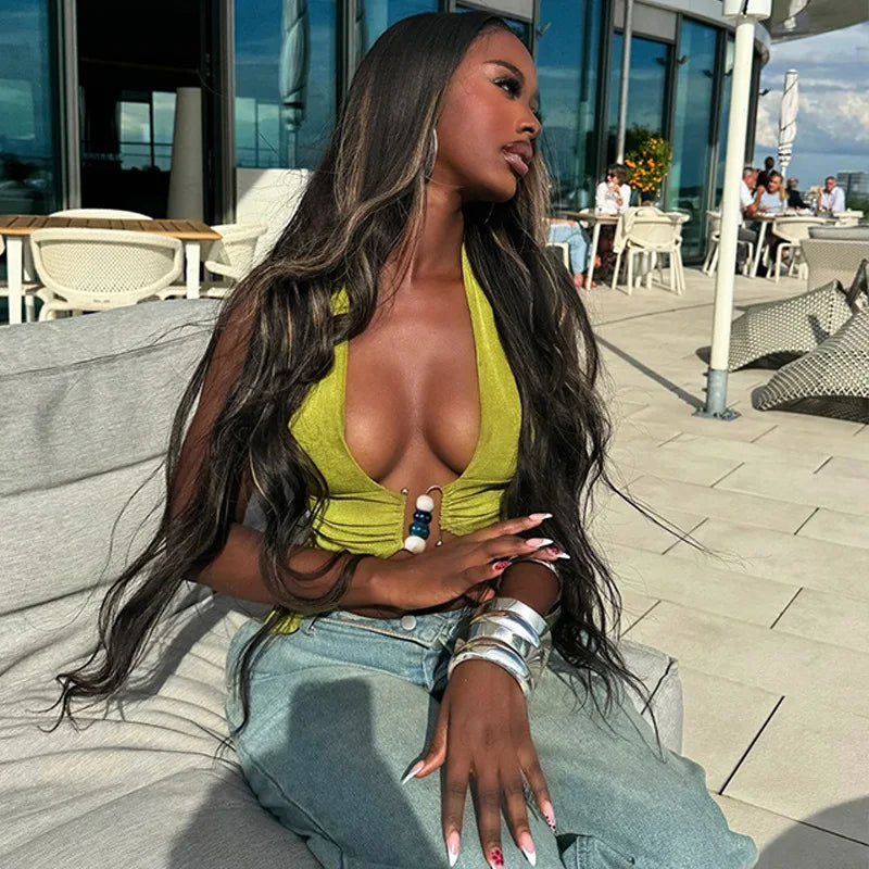 Draped V-Neck Halter Backless Crop Top