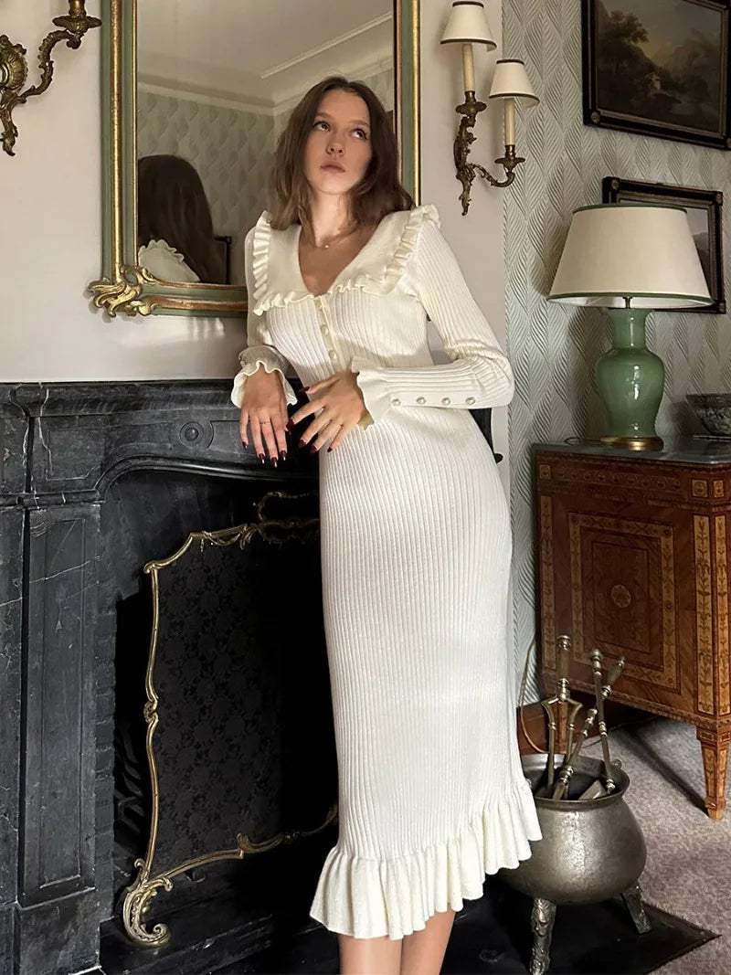 Ruffled Patchwork Knit Maxi Dress Ribbed Long Sleeve Dress Gown Slim Knit Long Dress