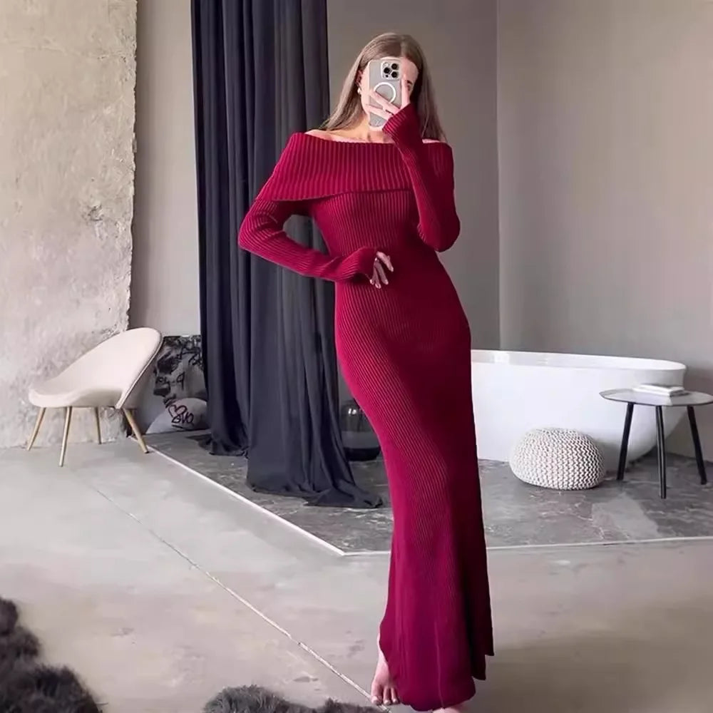 Knit Long Dress Off-Shoulder Ribbed Loose High Waist Dress Ladies Knit Maxi Dress