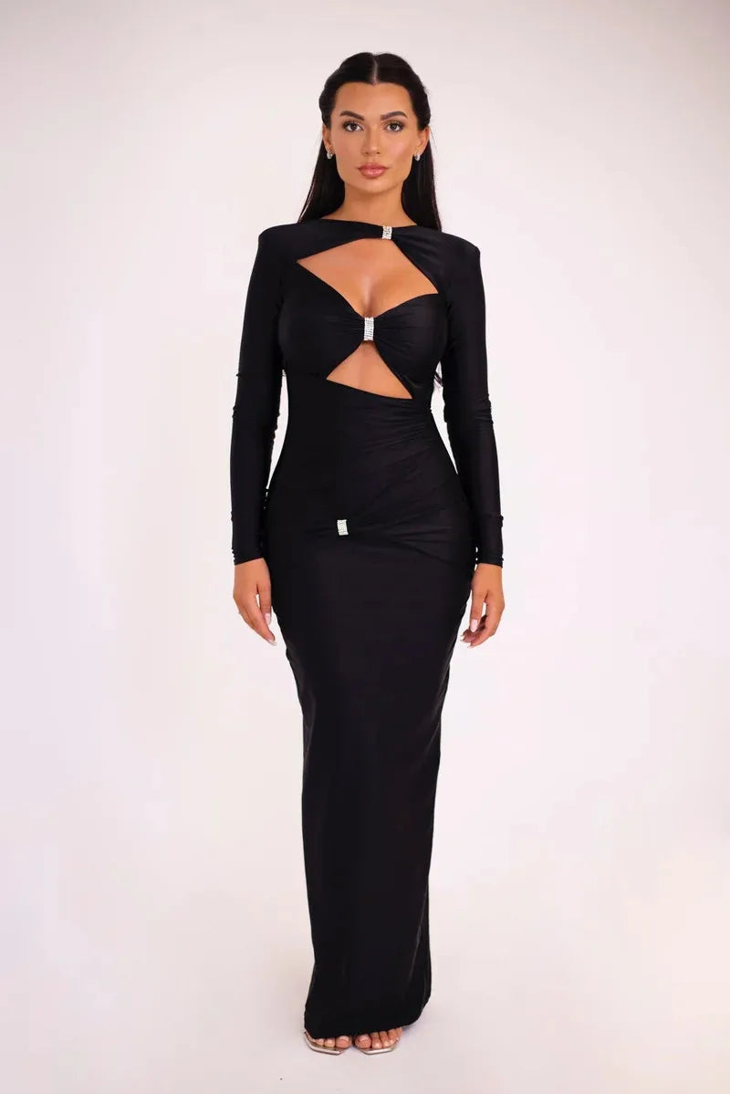 Hollow Out Long Sleeve Maxi Dress Solid Color Slim Fit Cut Out Long Dress