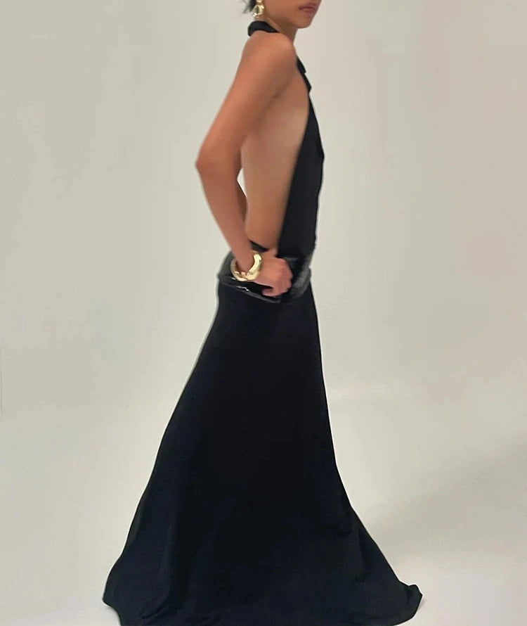 Waist Sequins Dress Backless Halter Sleeveless Pile Collar Slim