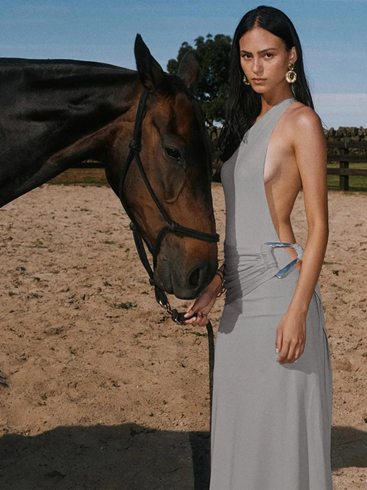 Concise Incline Shoulder Ribbons Backless Sheath Maxi
